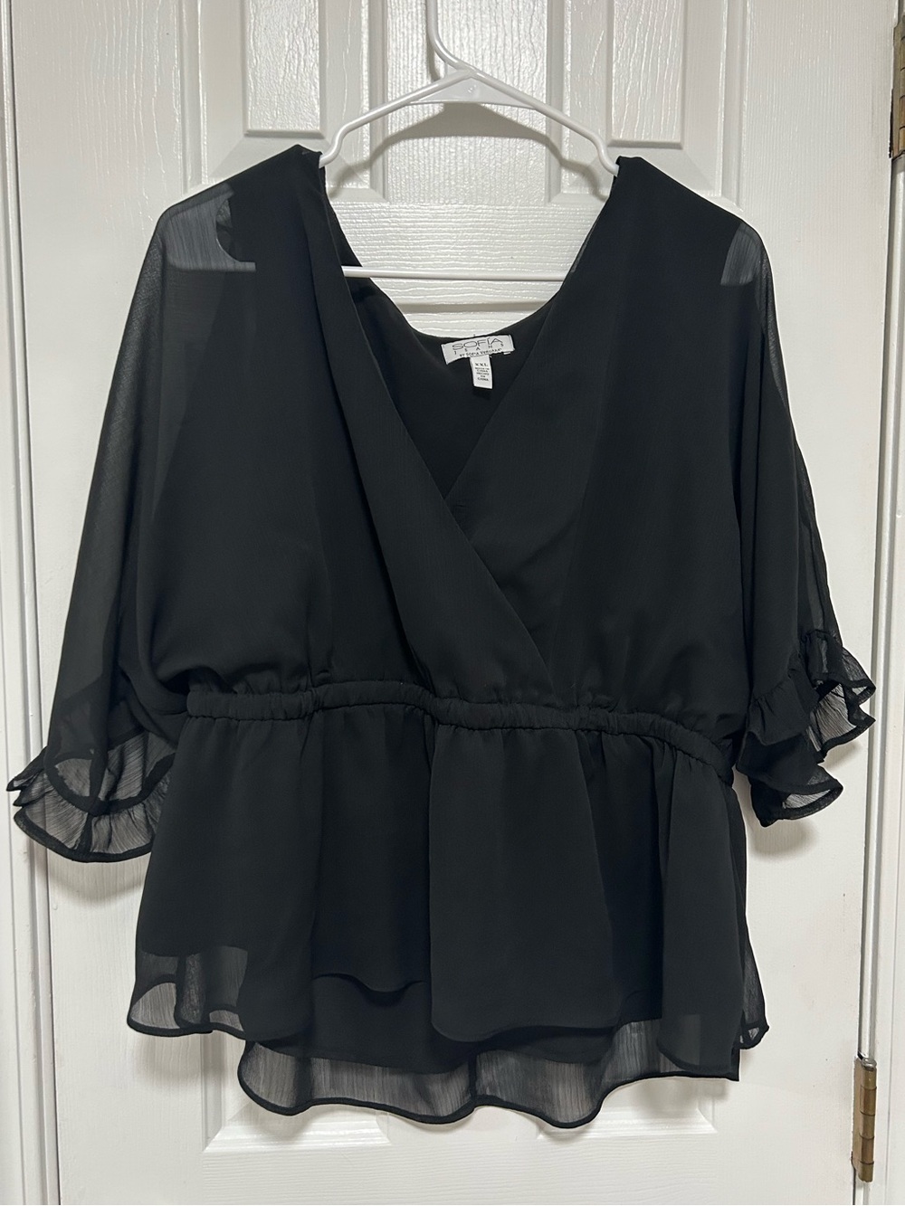 Sofia Vergara Black Sheer Ruffle Sleeve Wrap Top 🖤✨